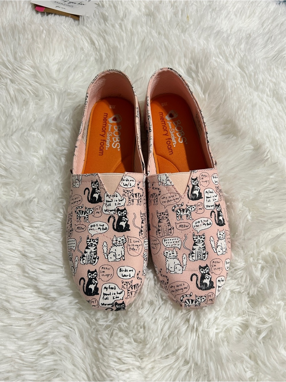 BOBS Skechers Cat Print Memory Foam Slip On Shoes Pink Size 8 NWOT